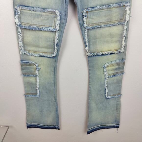Golden Denim‎ The Patchwork Mykonos Flared Jeans Mens 34 Cargo Raw Edges NWOT - Picture 5 of 11
